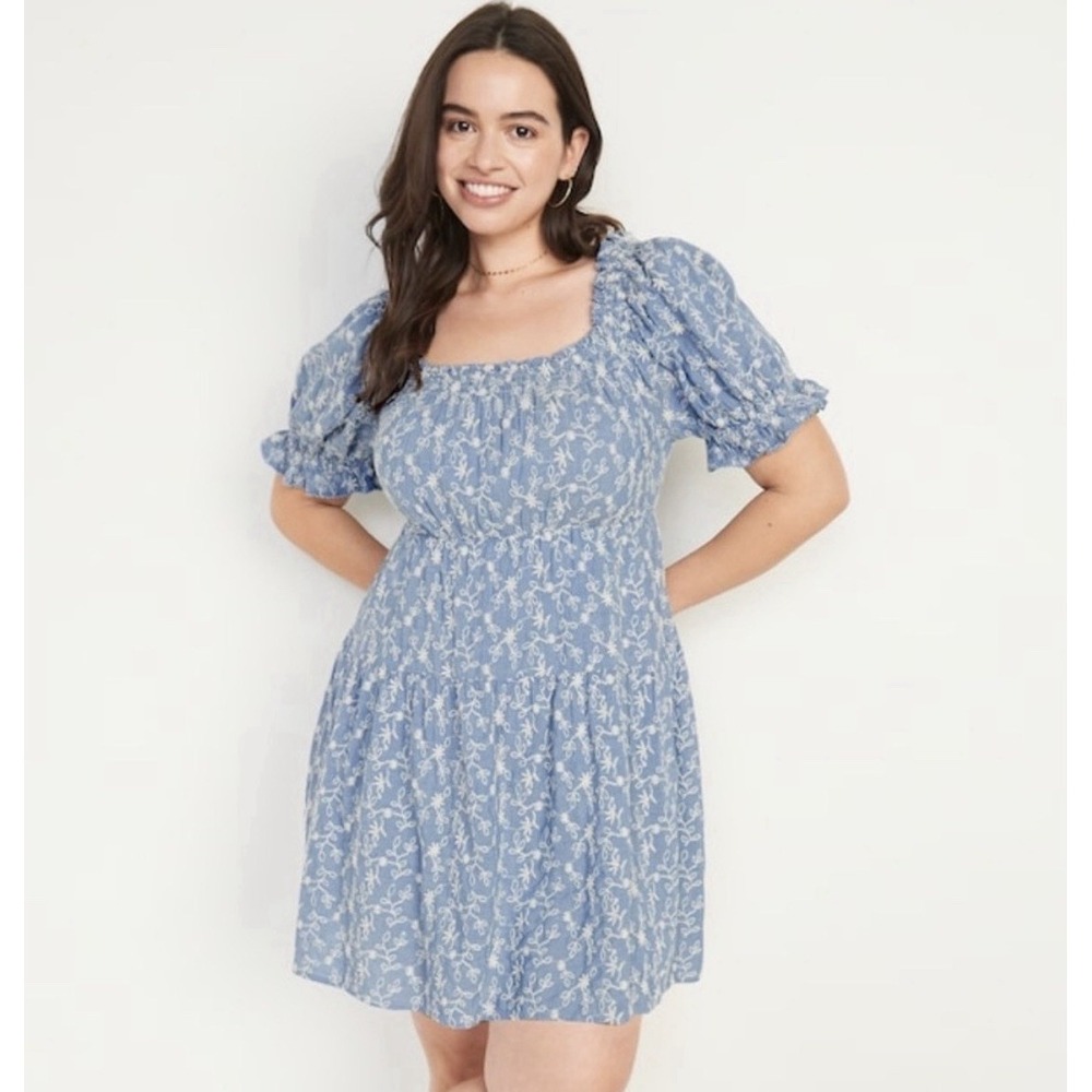 Old Navy Blue Tiered Embroidered Smocked Babydoll Dress Cottagecore Country XL